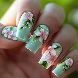 Green Floral Nails